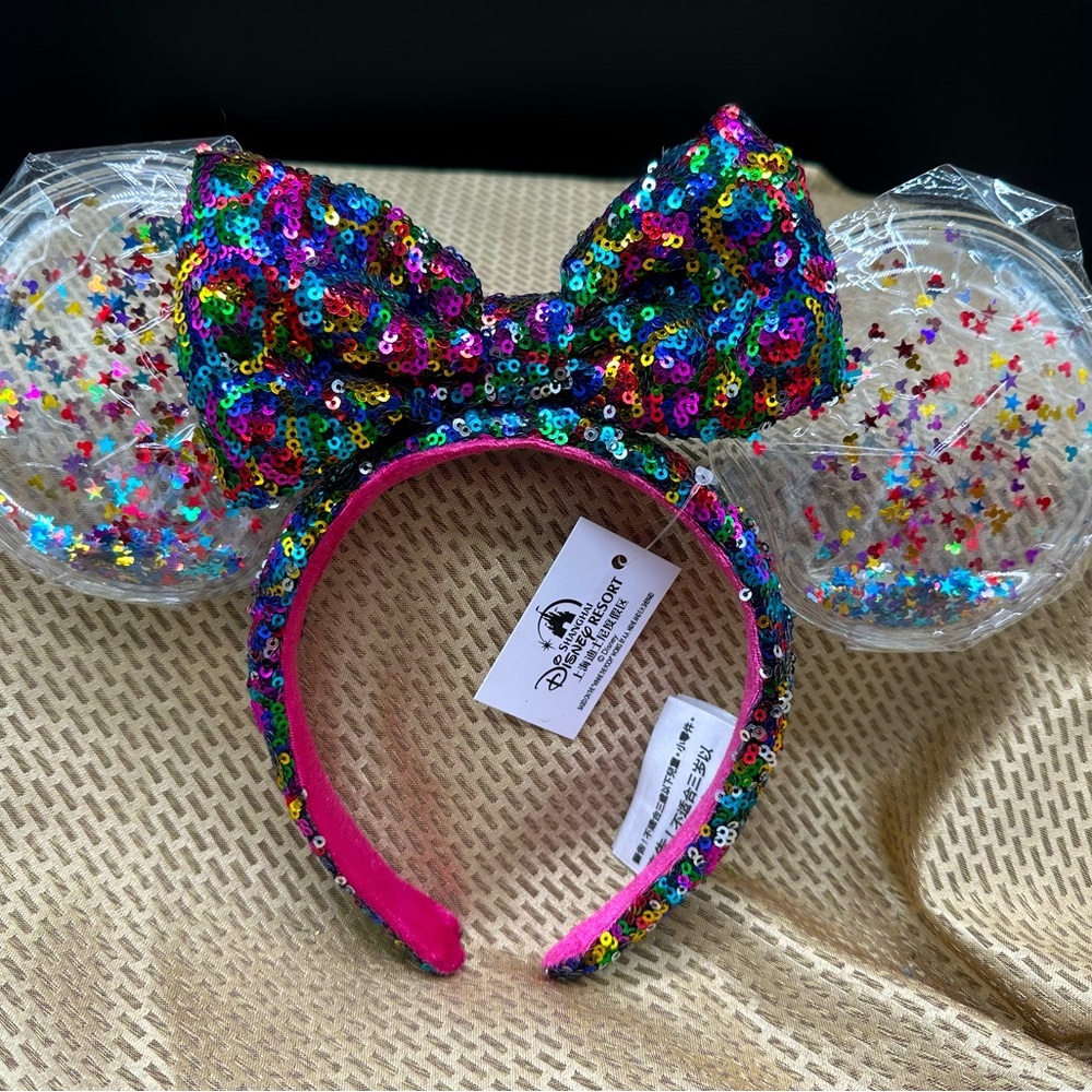 Disney Shanghai Multi Colored Sequins Minnie Ears with confetti NEW HTF